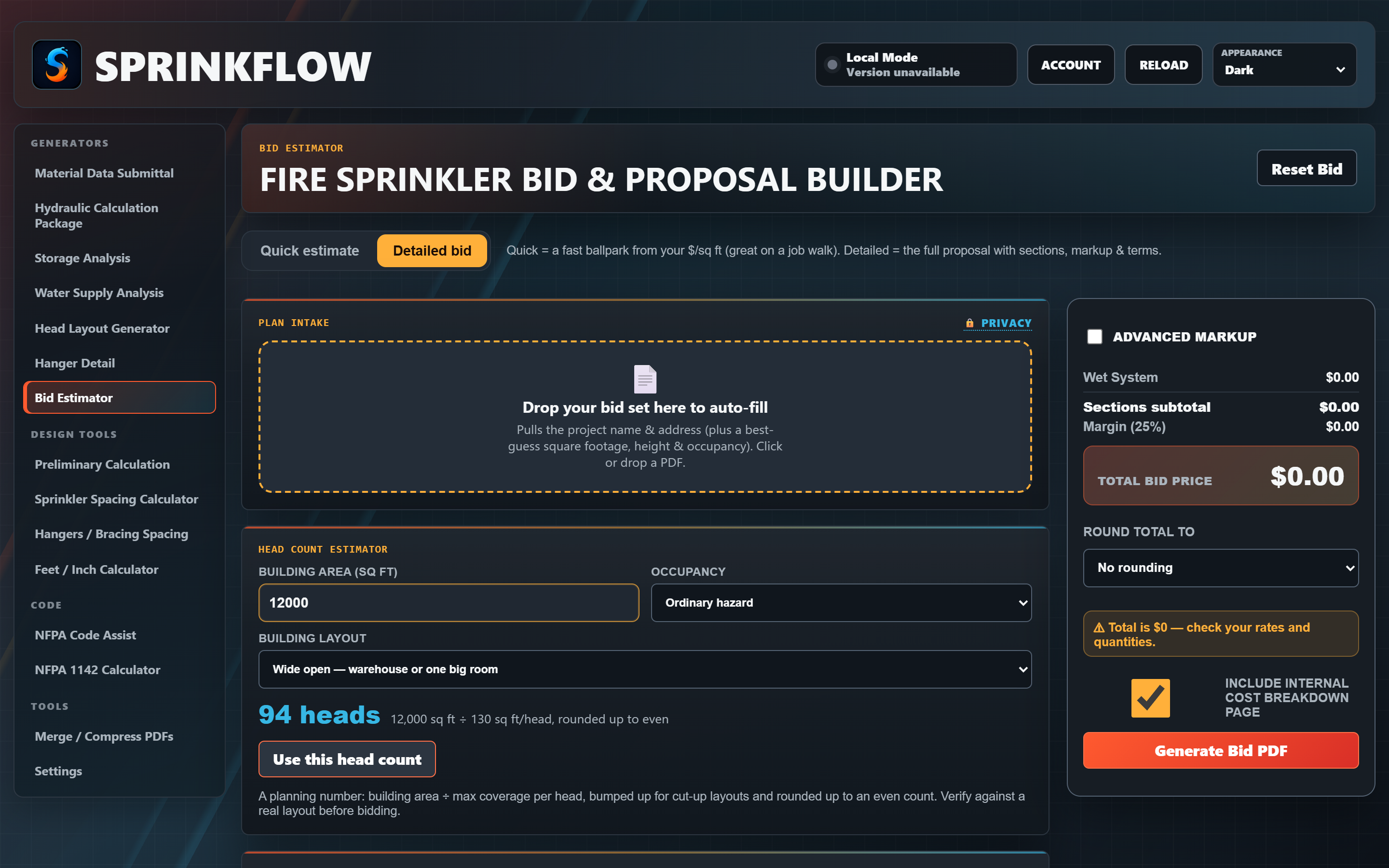 Fire sprinkler bid and proposal builder