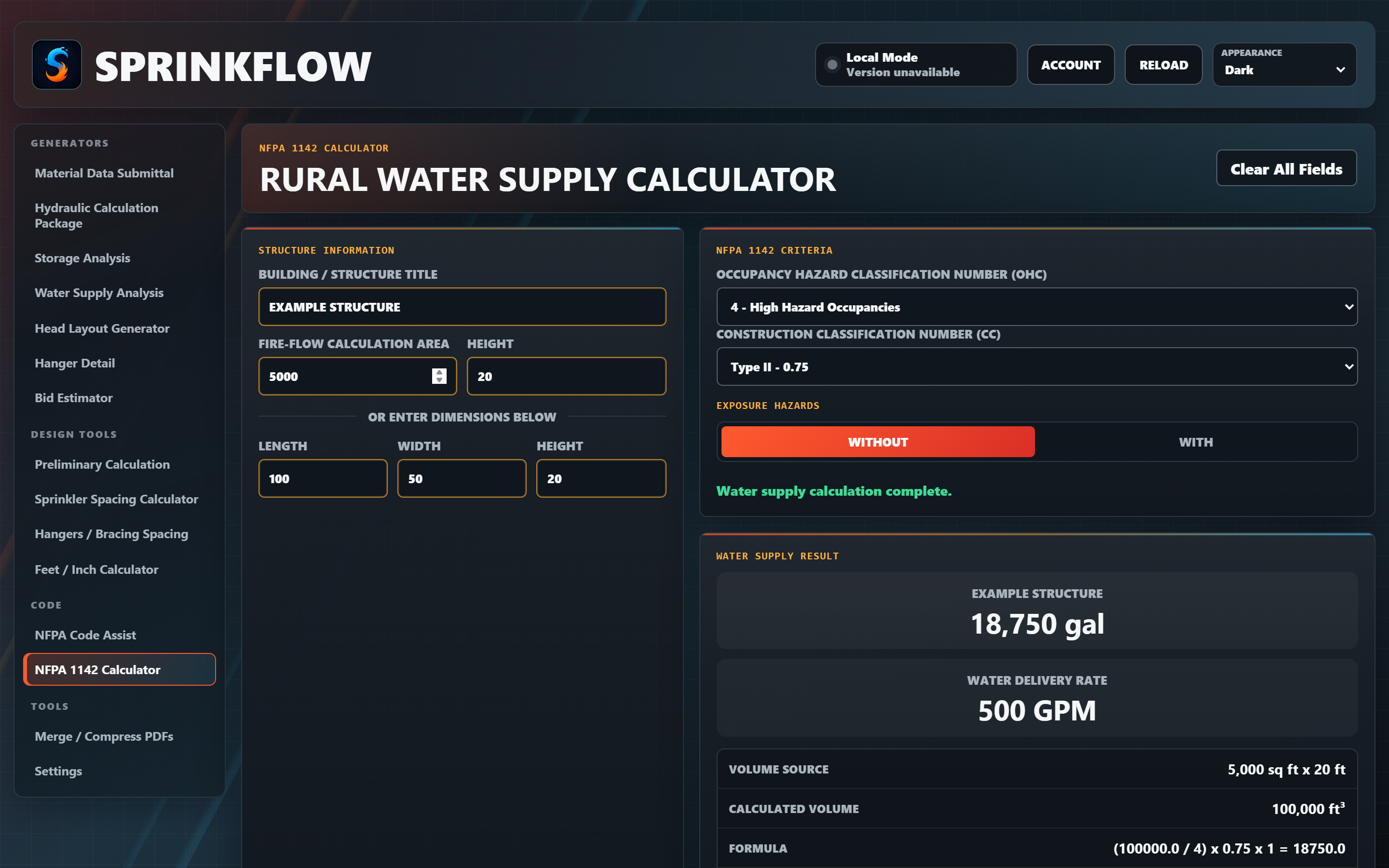 NFPA 1142 rural water supply calculator