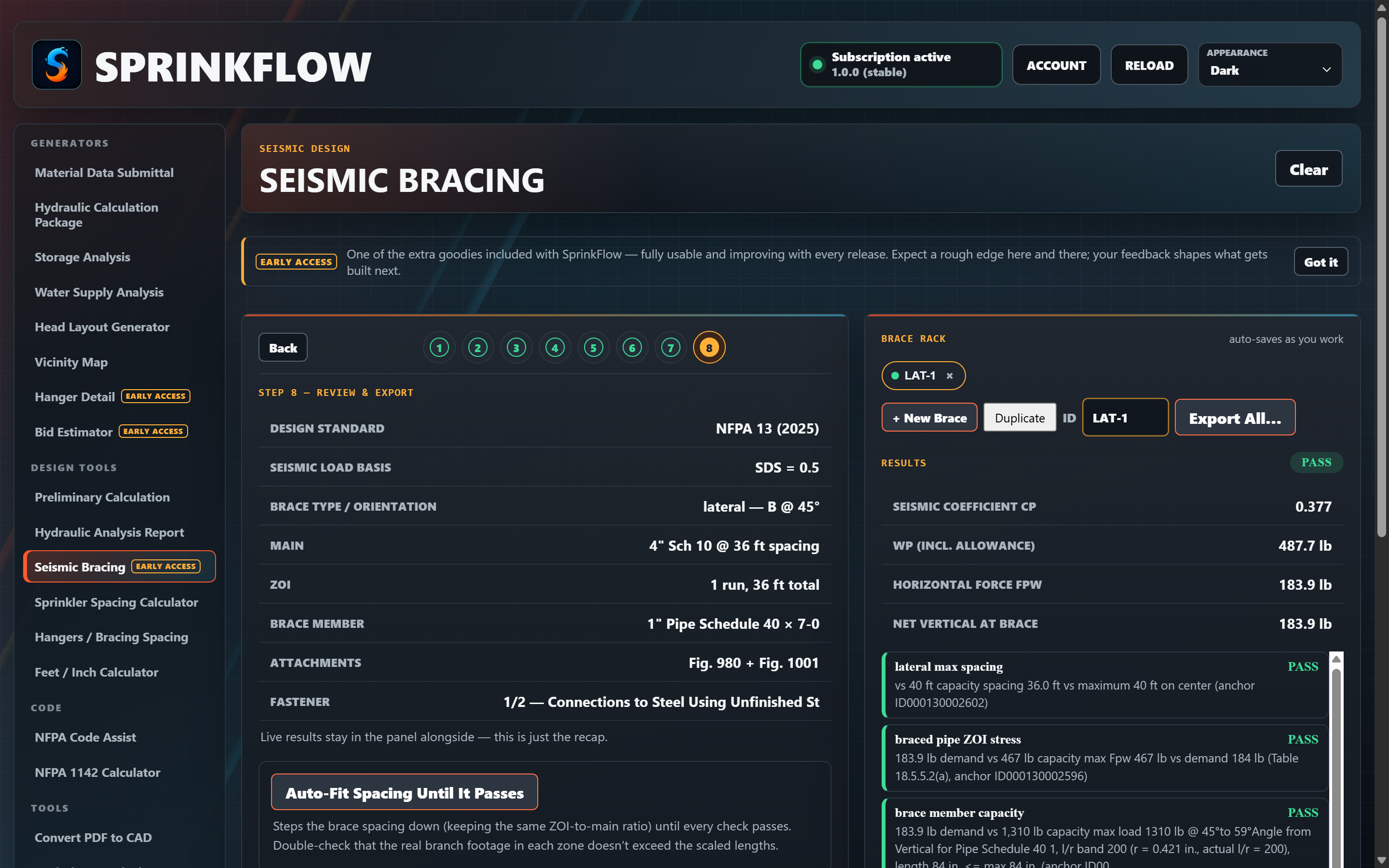 Seismic bracing calculator with orientation diagram and live results